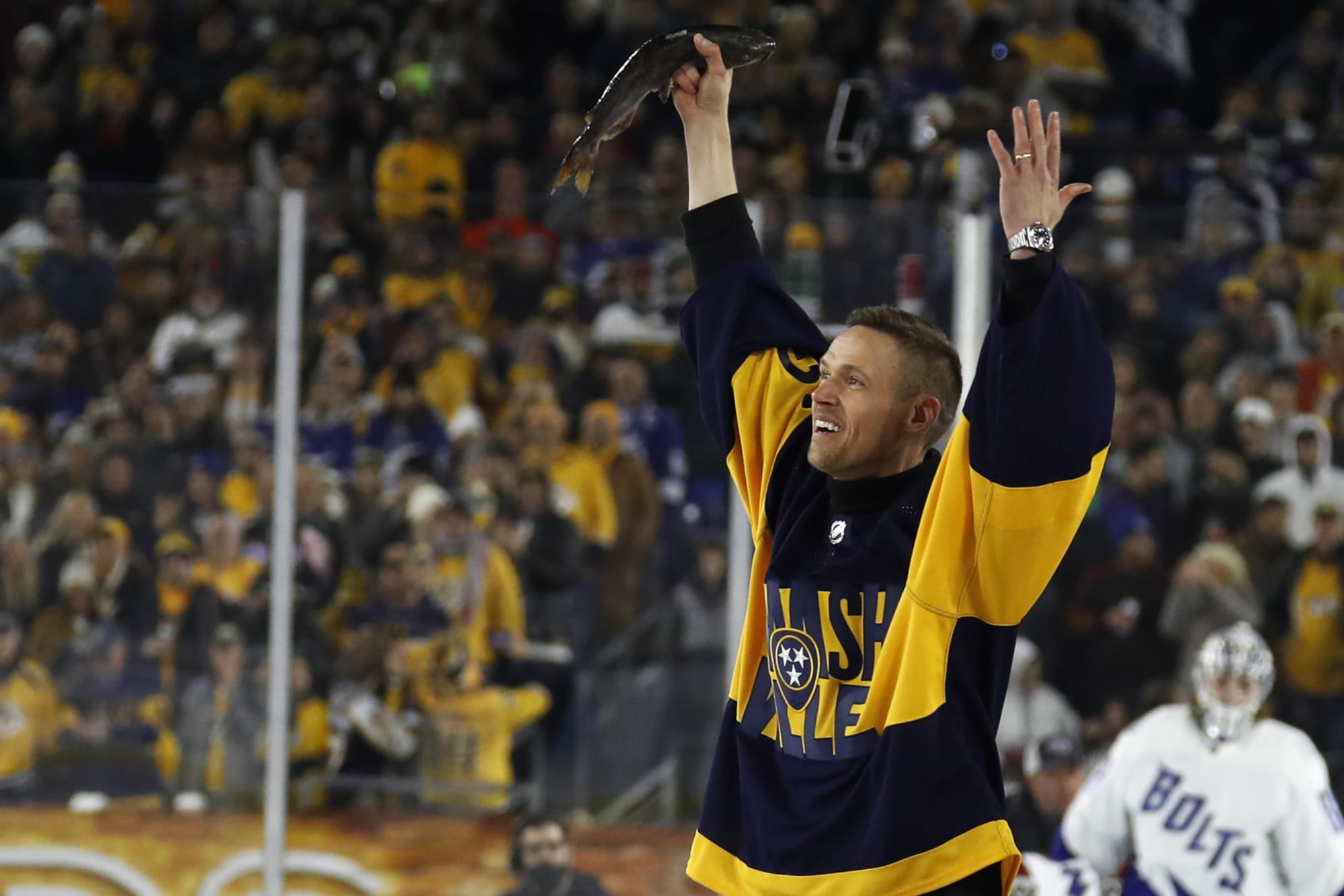 Former Nashville Predators goaltender Pekka Rinne greets fans during the  unveiling ceremony of his statue before an NHL hockey game between the  Nashville Predators and the Seattle Kraken Saturday, March 25, 2023