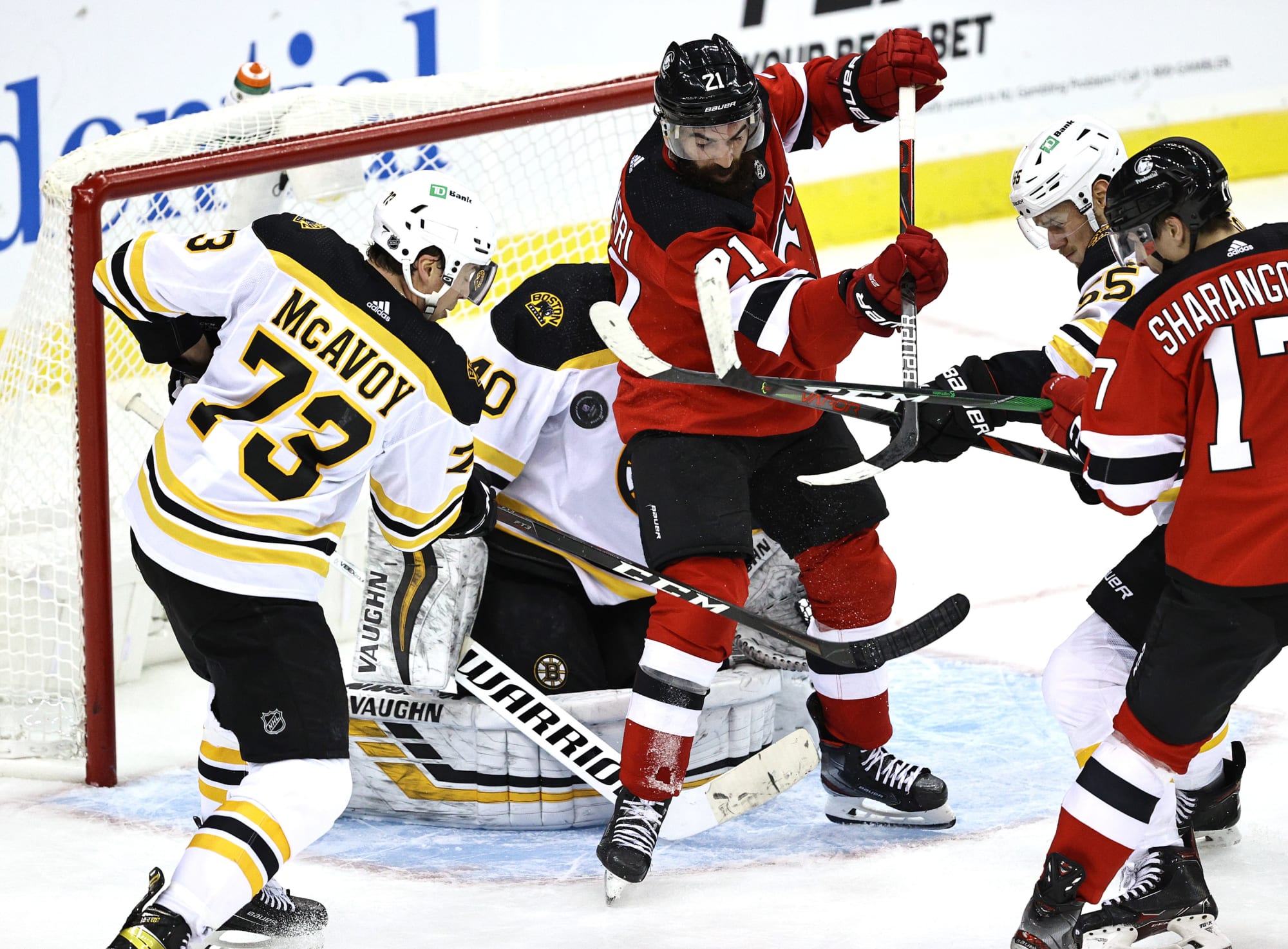 A shot by New Jersey Devils' Will Butcher gets past Pittsburgh