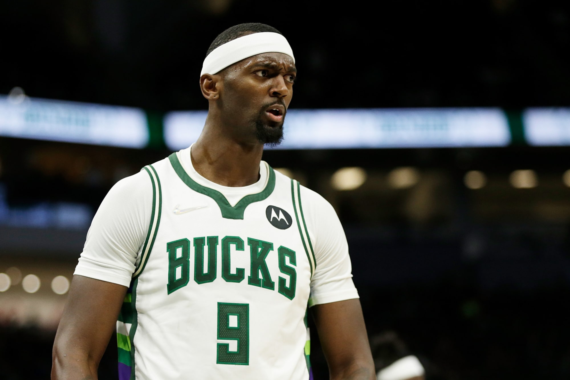 Milwaukee Bucks' Bobby Portis reacts after making a three-point