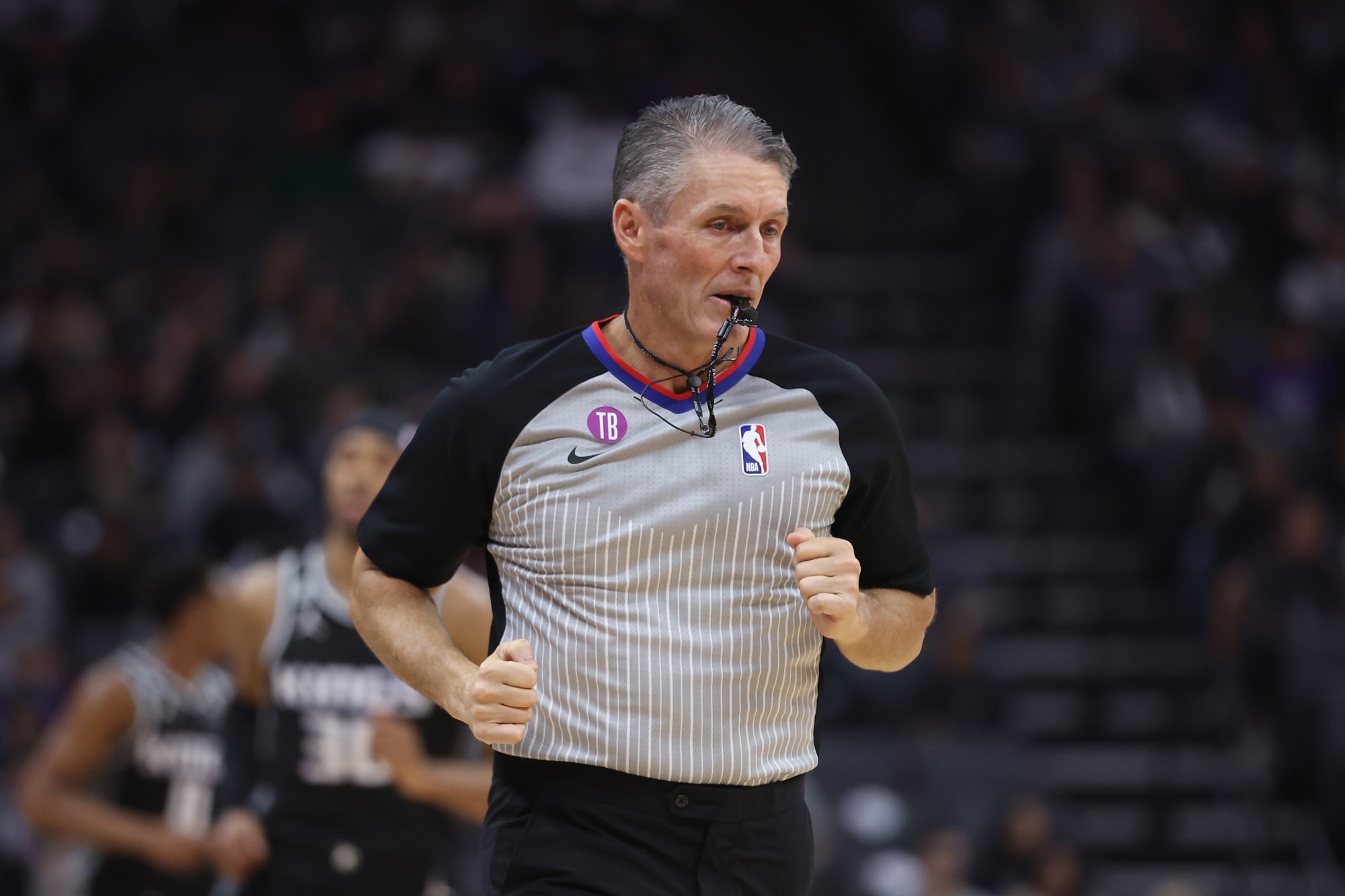 Referee Scott Foster makes a call during the second half of an NBA
