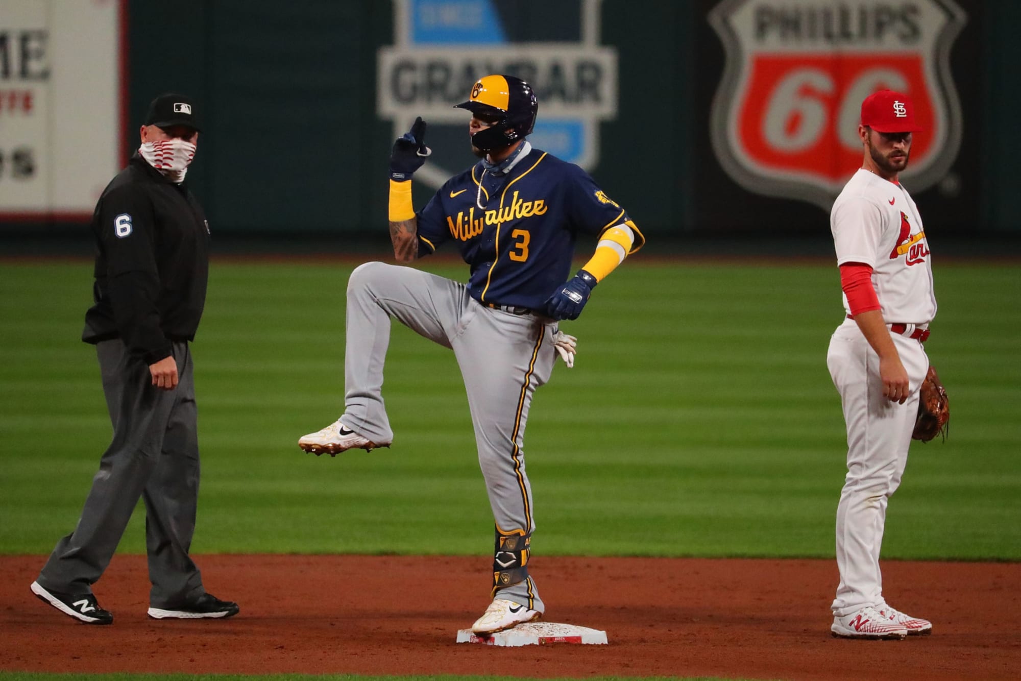 Orlando Arcia poses on second base after hitting a double in St. Louis.