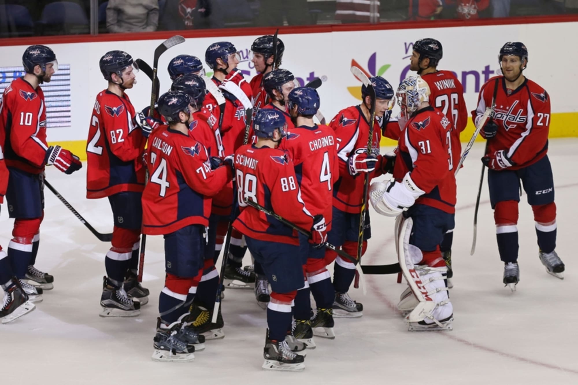Washington Capitals' Andre Burakovsky (65) celebrates with teammates after  his goal during the second period of Game 6 in an NHL Stanley Cup Eastern  Conference semifinal hockey game against the Pittsburgh Penguins