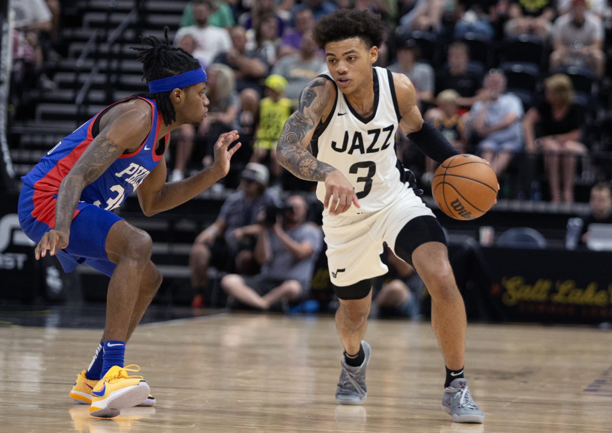 Utah Jazz guard Keyonte George (3) brings the ball up court in the