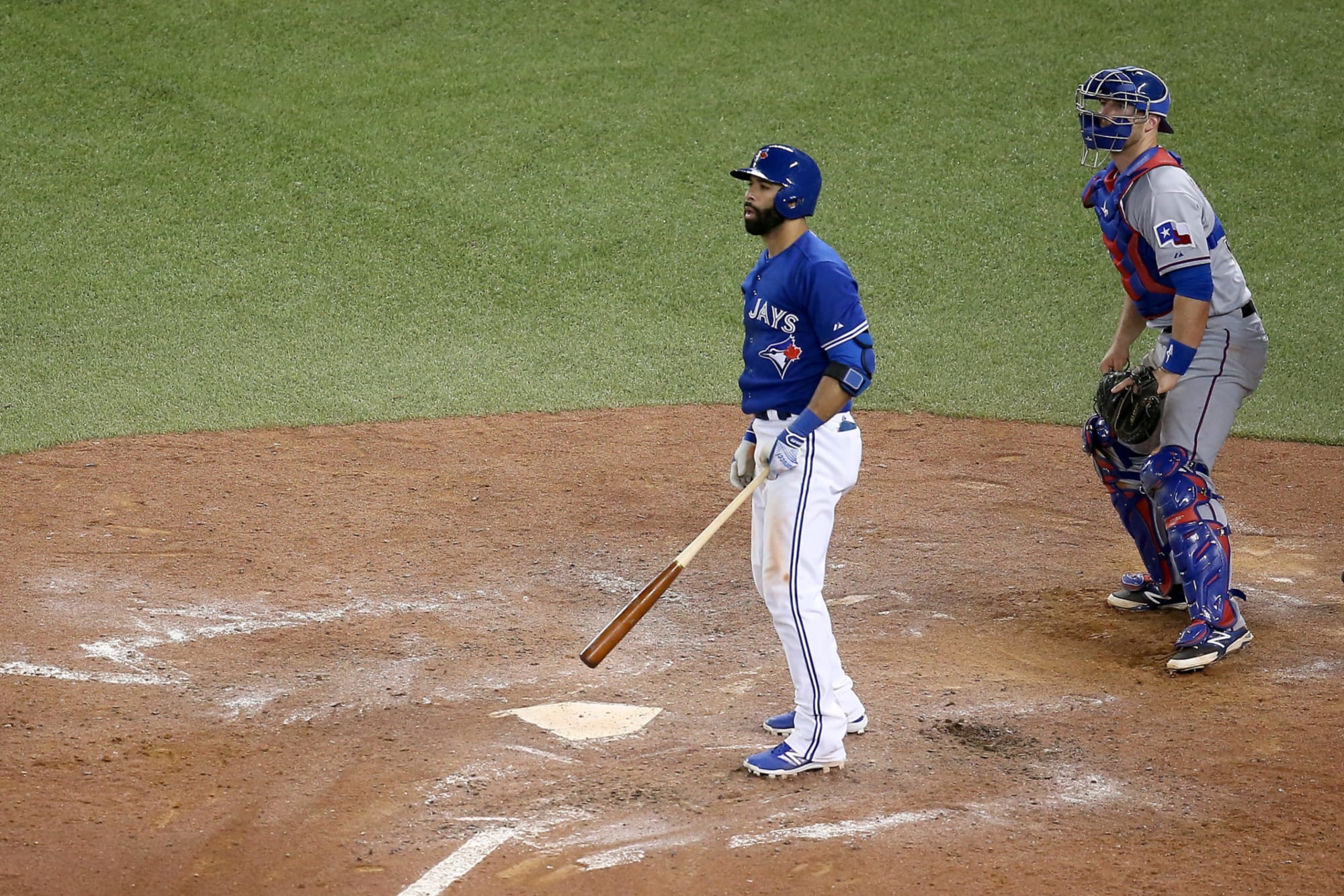 American League's Jose Bautista of the Toronto Blue Jays watches