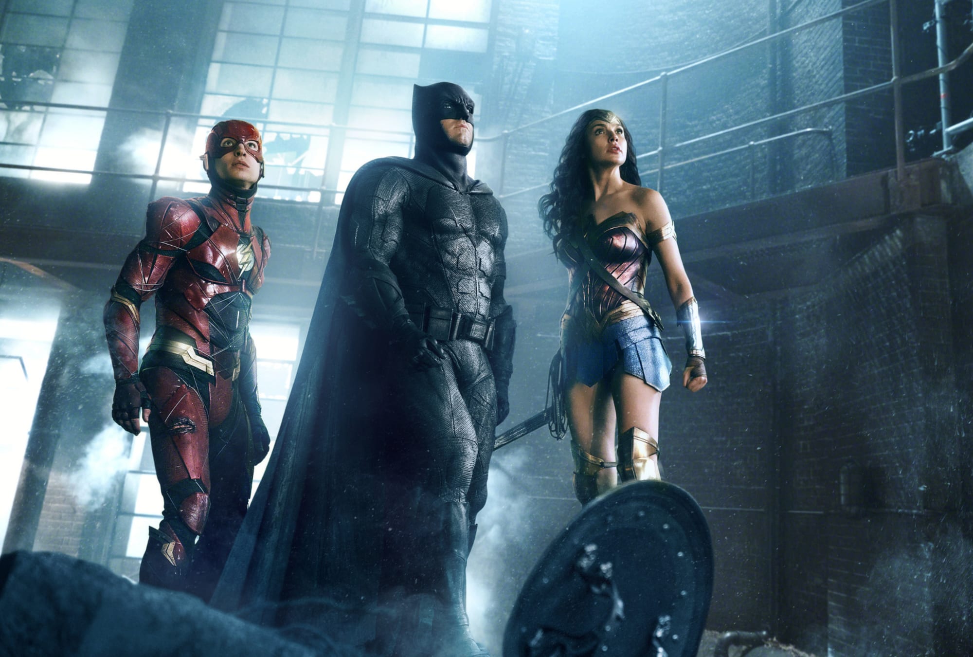 The Flash (Ezra Miller), Batman (Ben Affleck) and Wonder Woman (Gal Gadot) In Zack Snyder's Justice League