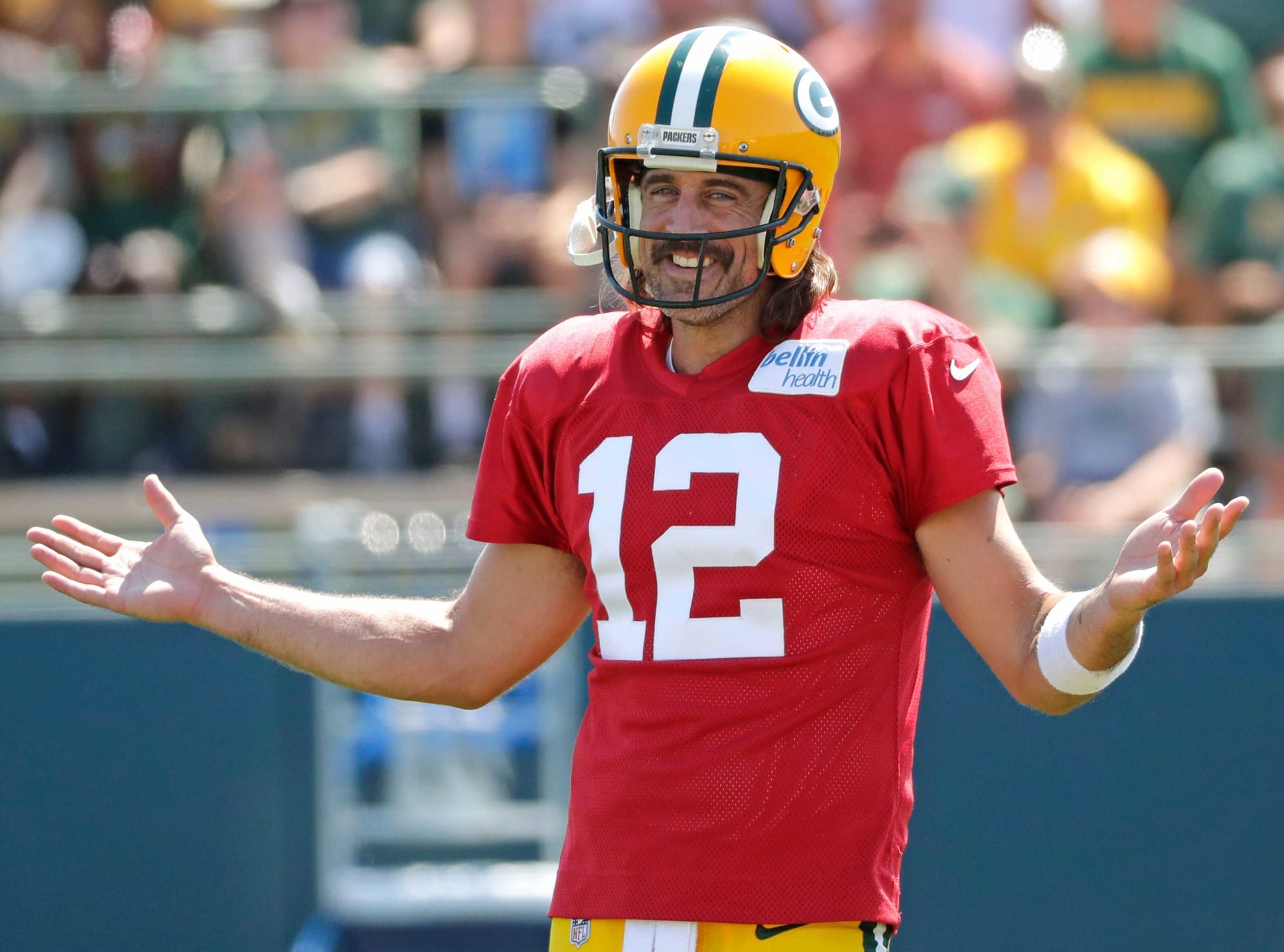 Aaron Rodgers spins Packers offense’s struggles in camp as a positive