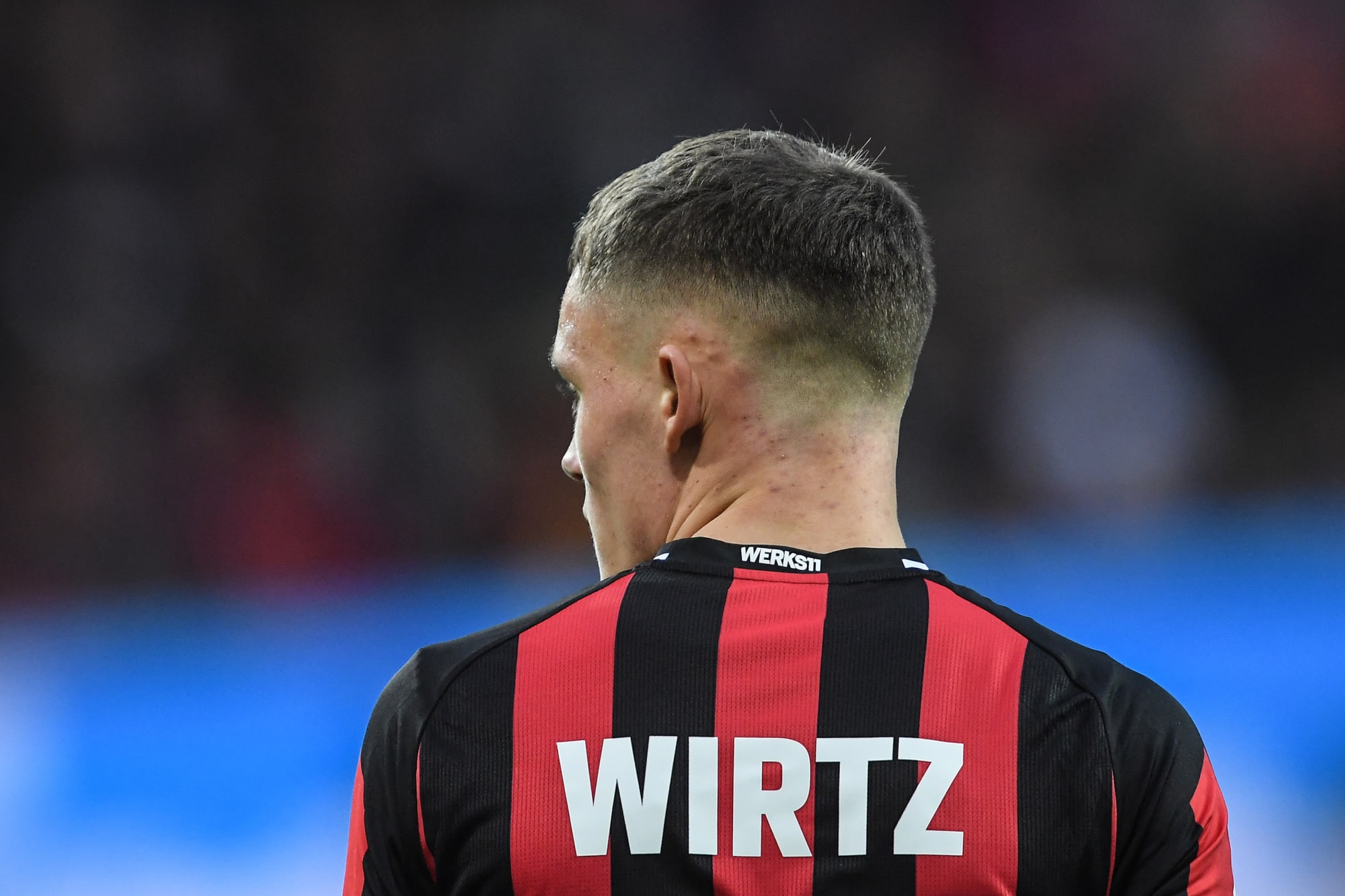  Florian Wirtz, a young German professional footballer who plays as an attacking midfielder for Bundesliga club Bayer Leverkusen and the Germany national team, is seen from behind wearing his team's jersey with 'Wirtz' printed on it.