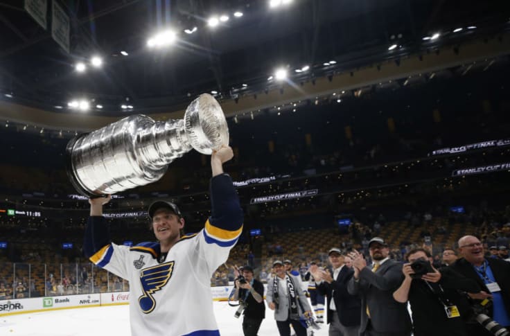 A Stanley Cup Champions patch is seen on the jersey of St. Louis Blues' Jay  Bouwmeester during the third period of an NHL hockey game against the  Washington Capitals Wednesday, Oct. 2