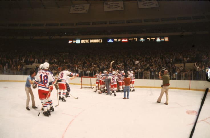 The New York Rangers celebrate their victory over the Minnesota