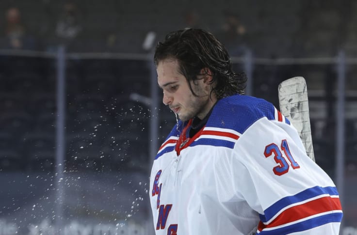 Igor Shesterkin of the New York Rangers looks on during during the