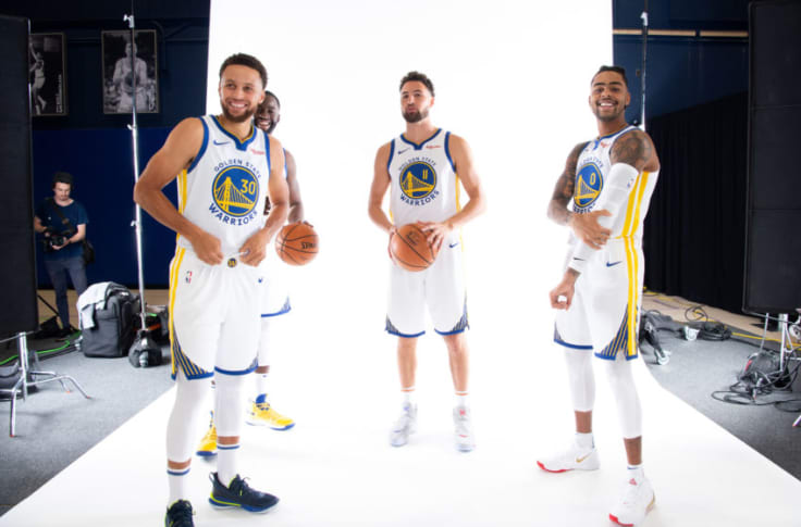 Draymond Green (23) Stephen Curry (30), Klay Thompson (11) and D'Angelo  Russell (0) during media day for the Golden State Warriors at Chase Arena  in San Francisco, Calif., on Monday, September 30