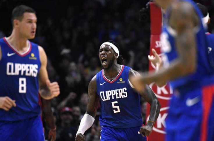 Los Angeles Clippers' Montrezl Harrell (5) celebrates after scoring against  the Houston Rockets during the second