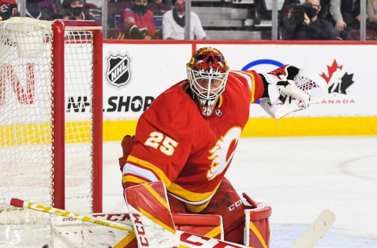 Jacob Markstrom of the Calgary Flames during a break in play