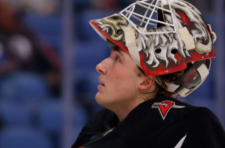 Save the day… Buffalo Sabres goaltender, Ukko-Pekka Luukkonen, makes a save  during NHL training camp