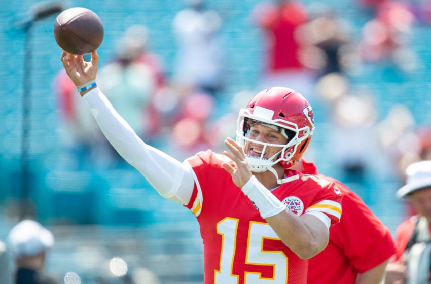 JACKSONVILLE, FLORIDA - SEPTEMBER 08: Patrick Mahomes #15 of the Kansas City Chiefs warms up before a game against the Jacksonville Jaguars at TIAA Bank Field on September 08, 2019 in Jacksonville, Florida. (Photo by James Gilbert/Getty Images)