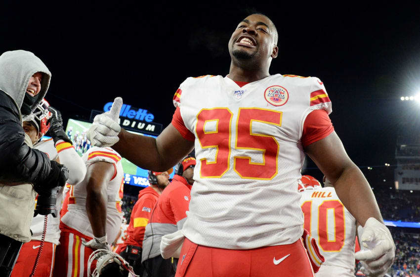FOXBOROUGH, MASSACHUSETTS - DECEMBER 08: Chris Jones #95 of the Kansas City Chiefs celebrates at the end of the game against the New England Patriots at Gillette Stadium on December 08, 2019 in Foxborough, Massachusetts. (Photo by Kathryn Riley/Getty Images)
