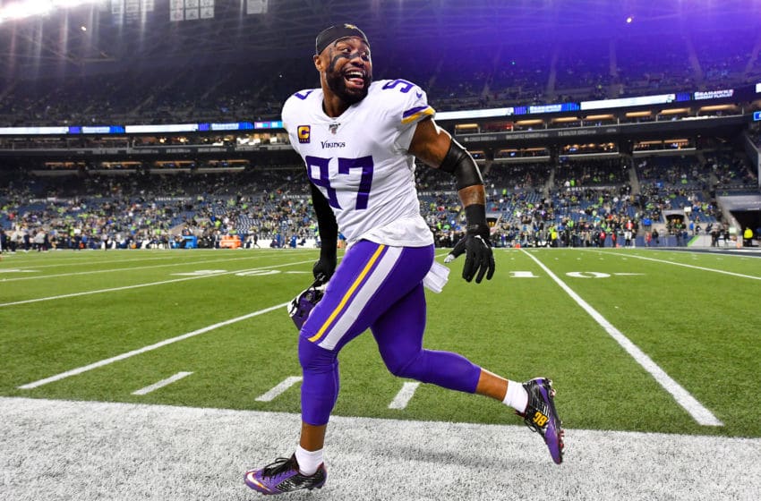 SEATTLE, WASHINGTON - DECEMBER 02: Everson Griffen #97 of the Minnesota Vikings runs to the team tunnel before the game against the Seattle Seahawks at CenturyLink Field on December 02, 2019 in Seattle, Washington. The Seattle Seahawks won, 37-30. (Photo by Alika Jenner/Getty Images)