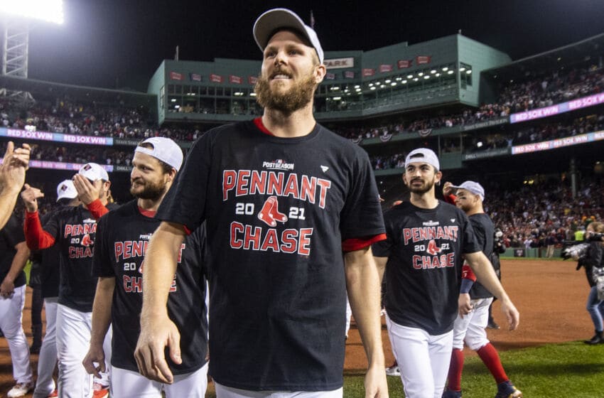 BOSTON, MA - OCTOBER 11: Chris Sale #41 of the Boston Red Sox celebrates after winning game four of the 2021 American League Division Series against the Tampa Bay Rays to clinch the series at Fenway Park on October 11, 2021 in Boston, Massachusetts. (Photo by Billie Weiss/Boston Red Sox/Getty Images)