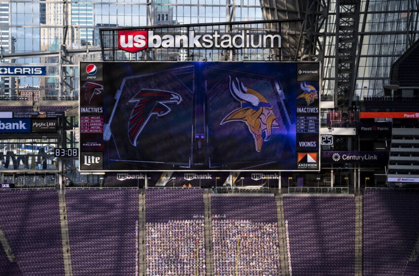 MINNEAPOLIS, MN - OCTOBER 18: A video board displays team logos before the game between the Atlanta Falcons and Minnesota Vikings at U.S. Bank Stadium on October 18, 2020 in Minneapolis, Minnesota. (Photo by Stephen Maturen/Getty Images)