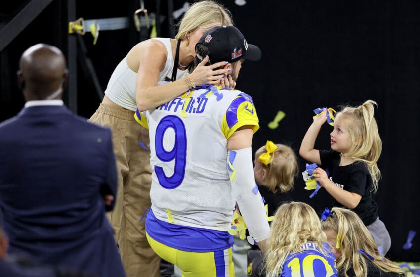 INGLEWOOD, CALIFORNIA - FEBRUARY 13: Matthew Stafford #9 of the Los Angeles Rams celebrates with his wife Kelly Stafford and their family following Super Bowl LVI at SoFi Stadium on February 13, 2022 in Inglewood, California. The Los Angeles Rams defeated the Cincinnati Bengals 23-20. (Photo by Andy Lyons/Getty Images)