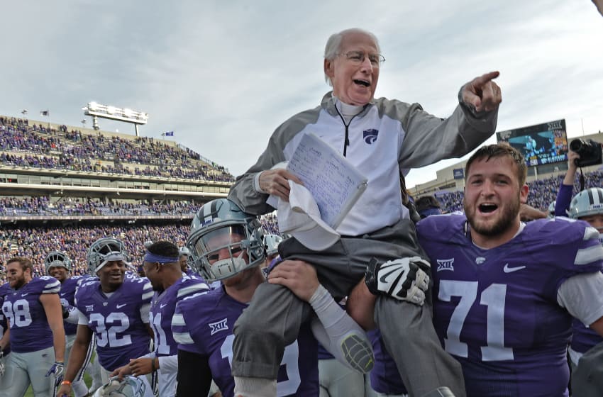 MANHATTAN, KS - NOVEMBER 26: Head coach Bill Snyder (C) of the Kansas State Wildcats gets carried off the field, after winning his 200th career game against the Kansas Jayhawks on November 26, 2016 at Bill Snyder Family Stadium in Manhattan, Kansas. (Photo by Peter G. Aiken/Getty Images)