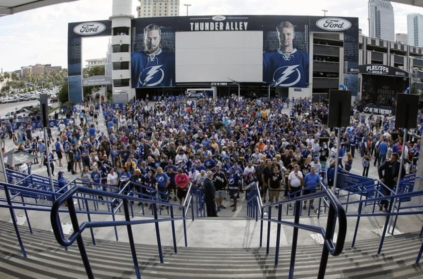 May 18, 2016; Tampa, FL, USA; Fans prepare to ascend the stairs to enter the venue before game three of the Eastern Conference Final of the 2016 Stanley Cup Playoffs between the Tampa Bay Lightning and the Pittsburgh Penguins at Amalie Arena. Mandatory Credit: Reinhold Matay-USA TODAY Sports