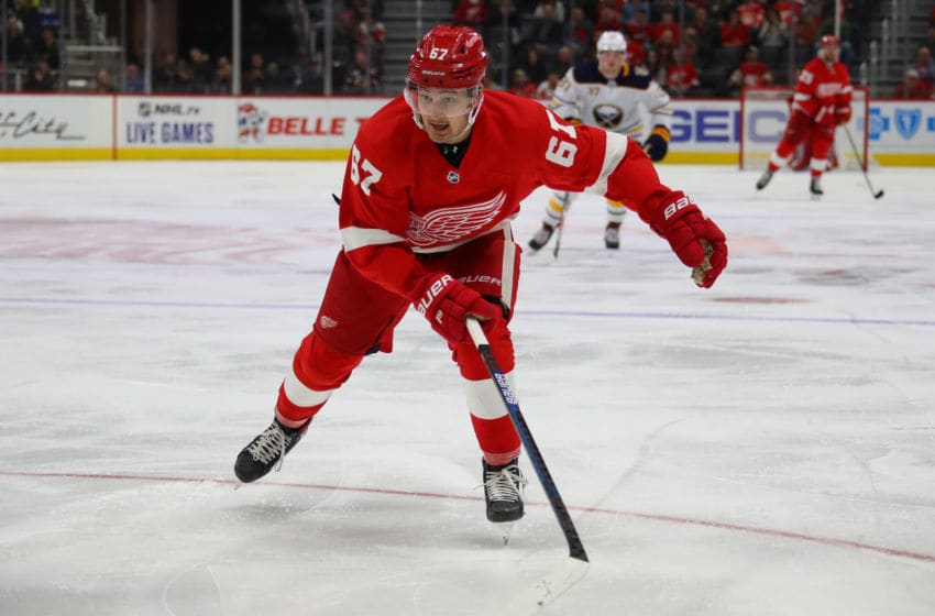 DETROIT, MICHIGAN - OCTOBER 25: Taro Hirose #67 of the Detroit Red Wings skates against the Buffalo Sabres at Little Caesars Arena on October 25, 2019 in Detroit, Michigan. (Photo by Gregory Shamus/Getty Images)
