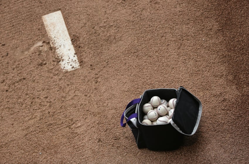 DENVER, CO - APRIL 25: A bag of baseballs sits on the mound in the bullpen as the Pittsburgh Pirates prepare to face the Colorado Rockies at Coors Field on April 25, 2016 in Denver, Colorado. (Photo by Doug Pensinger/Getty Images)