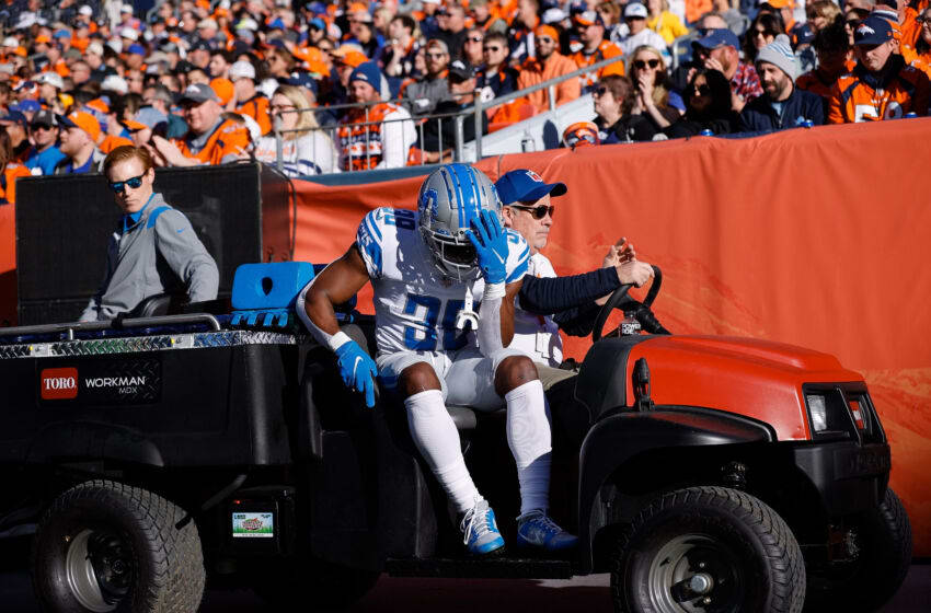 Dec 12, 2021; Denver, Colorado, USA; Detroit Lions cornerback Jerry Jacobs (39) is carted off the field in the first quarter against the Denver Broncos at Empower Field at Mile High. Mandatory Credit: Isaiah J. Downing-USA TODAY Sports
