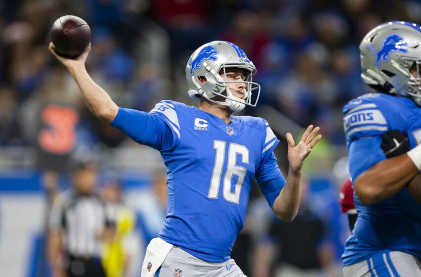 Dec 19, 2021; Detroit, Michigan, USA; Detroit Lions quarterback Jared Goff (16) passes the ball during the first quarter against the Arizona Cardinals at Ford Field. Mandatory Credit: Raj Mehta-USA TODAY Sports