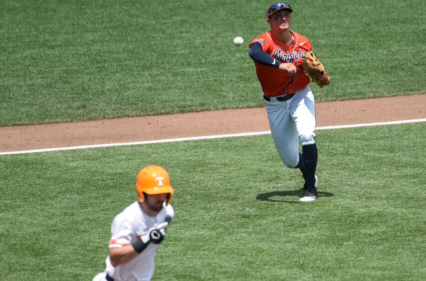 Jun 20, 2021; Omaha, Nebraska, USA; Virginia Cavaliers infielder Zack Gelof (18) throws out Tennessee Volunteers catcher Connor Pavolony (17) on a sacrifice bunt in the fifth inning at TD Ameritrade Park. Mandatory Credit: Steven Branscombe-USA TODAY Sports
