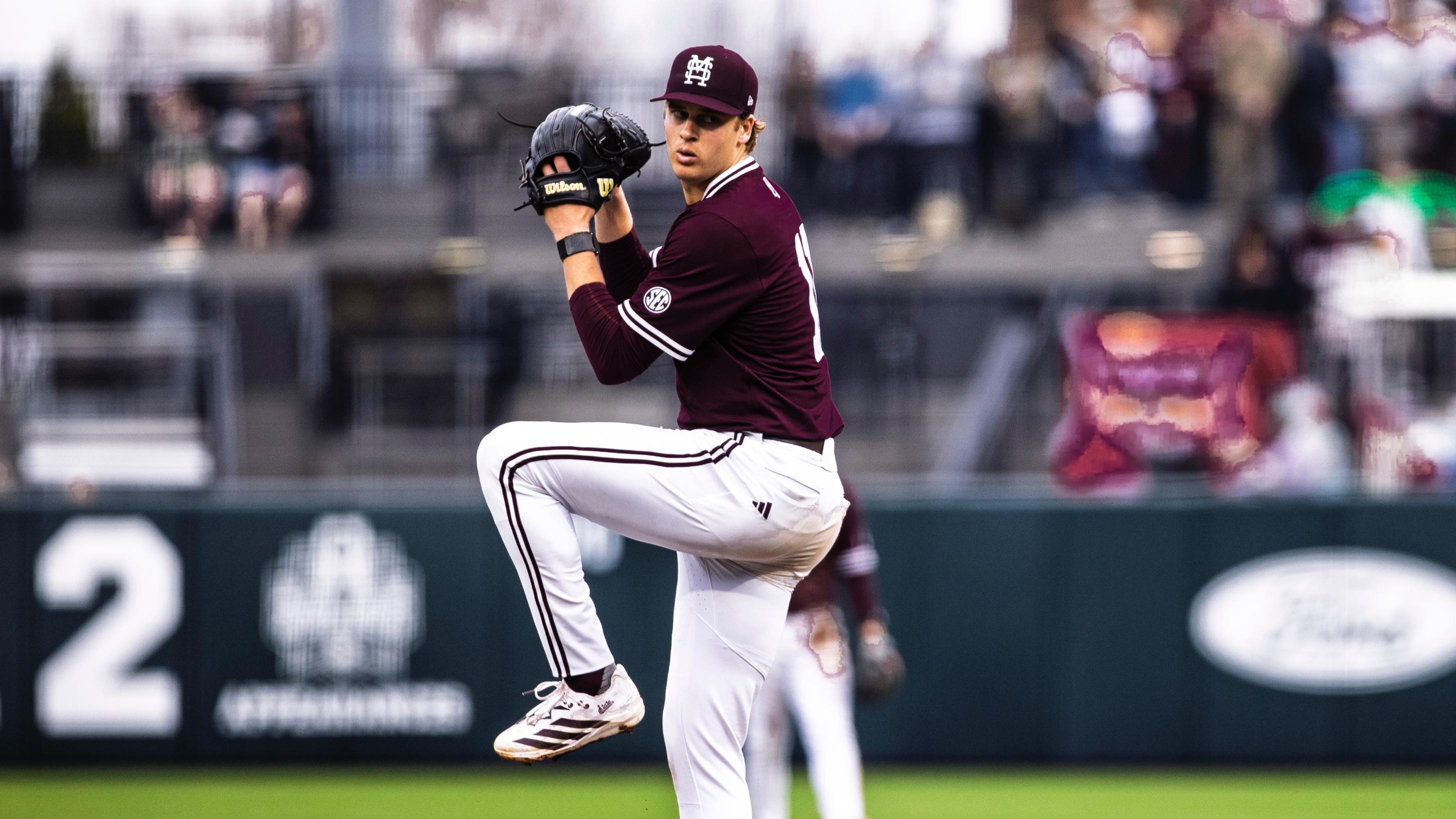 Duke Stone pitching for Mississippi State