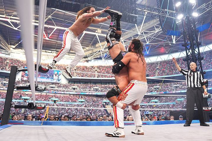 Young Bucks and FTR in a previous AEW ladder match, showing the rivalry's history with the stipulation