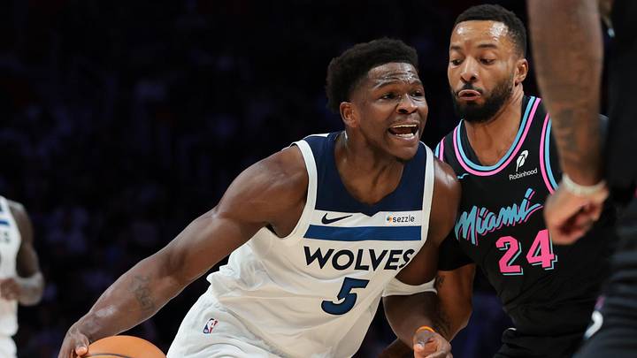 Anthony Edwards attacks the Miami defense in a Minnesota Timberwolves jersey