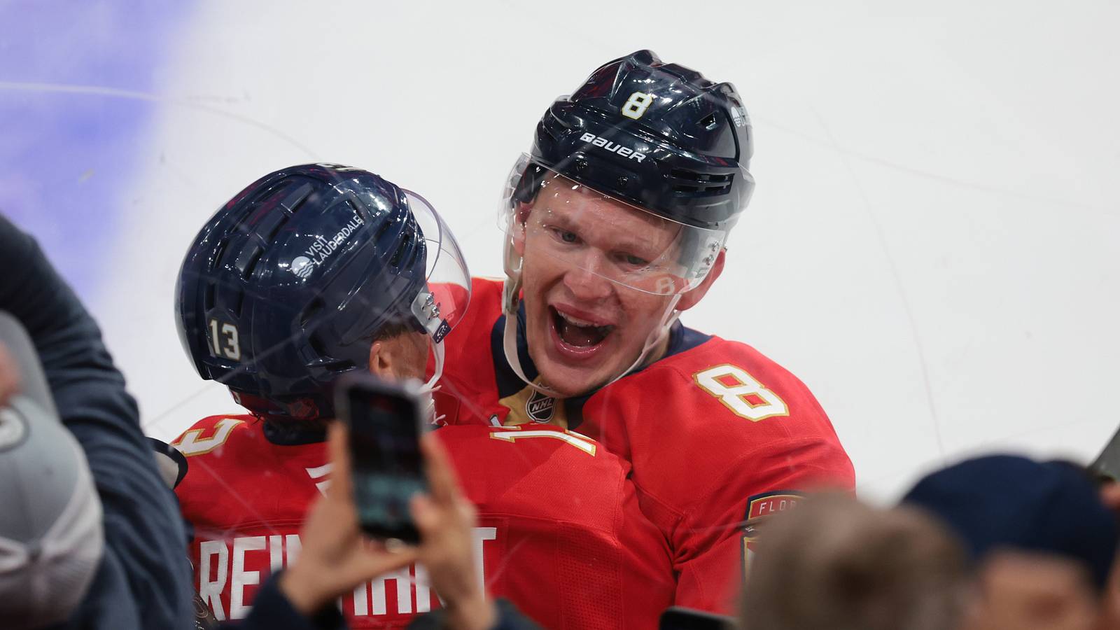 Brady Tkachuk celebrates with Florida Panthers teammates during the 2026 season