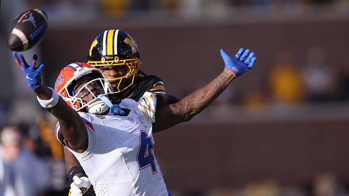 Missouri Tigers defender contests a Florida Gators pass during Mizzou's 45-17 Homecoming win in Columbia