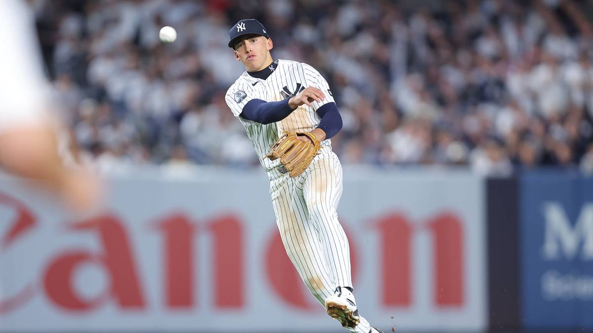 George Lombard Jr. number 96 fields shortstop for the Yankees against Boston during his three-hit 2026 postseason debut