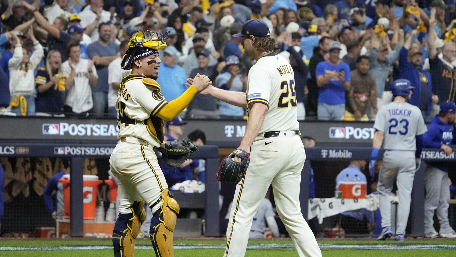 Trevor Megill and William Contreras celebrate the Brewers' October 11 NLCS victory
