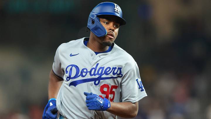 Josue De Paula wearing Los Angeles Dodgers No. 95 after his first Major League home run