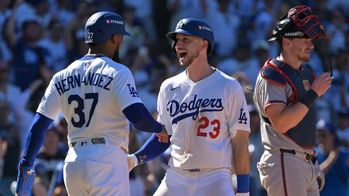 Kyle Tucker celebrates his two-run home run for the Los Angeles Dodgers in NLDS Game 1 against Atlanta