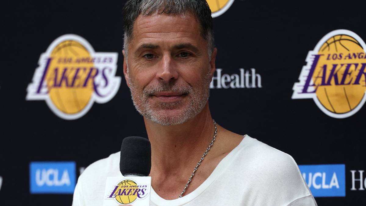 Lakers executive Rob Pelinka addresses reporters in September 2026