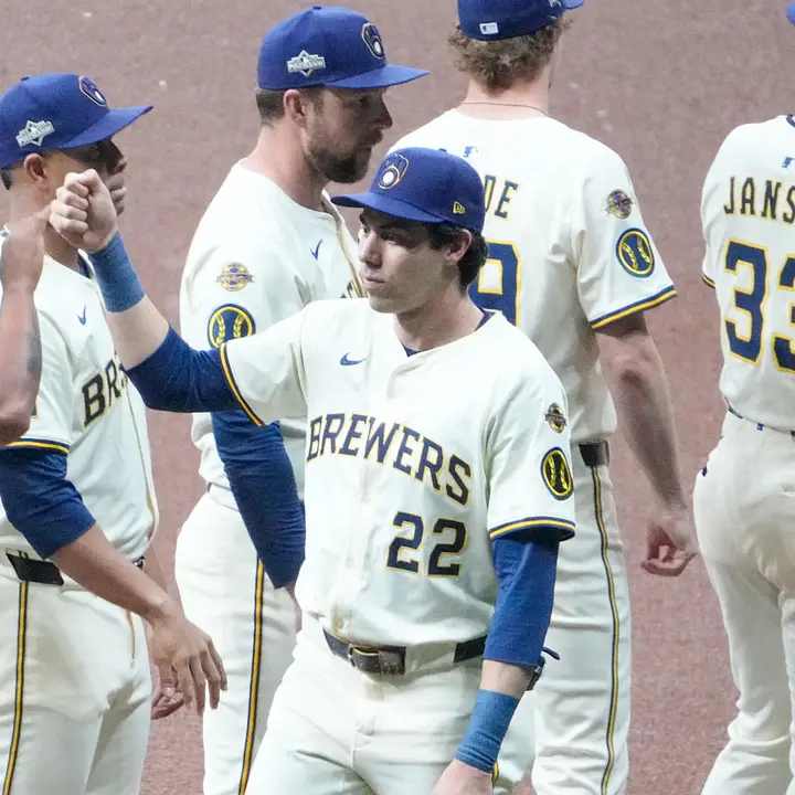 Brewers teammates exchange pregame greetings Milwaukee Brewers players greeting one another before an NLCS game in a previous season