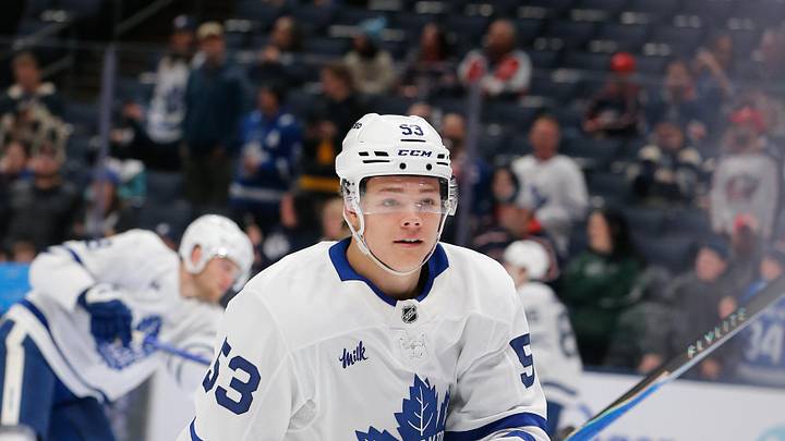 Easton Cowan wearing the Toronto Maple Leafs white road jersey in 2026