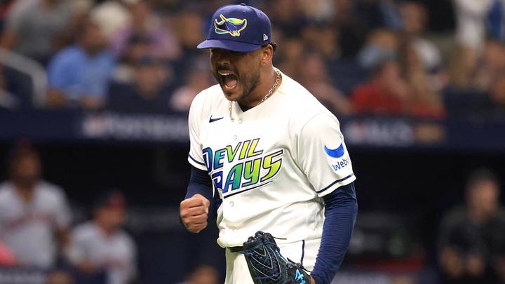 Tampa Bay Rays pitcher Freddy Peralta celebrating during ALCS Game 2 against the Cleveland Guardians on October 13 2026