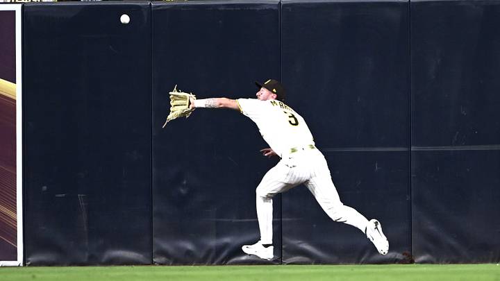 Jackson Merrill ranges across the Petco Park outfield during Padres versus Brewers NLDS Game 3