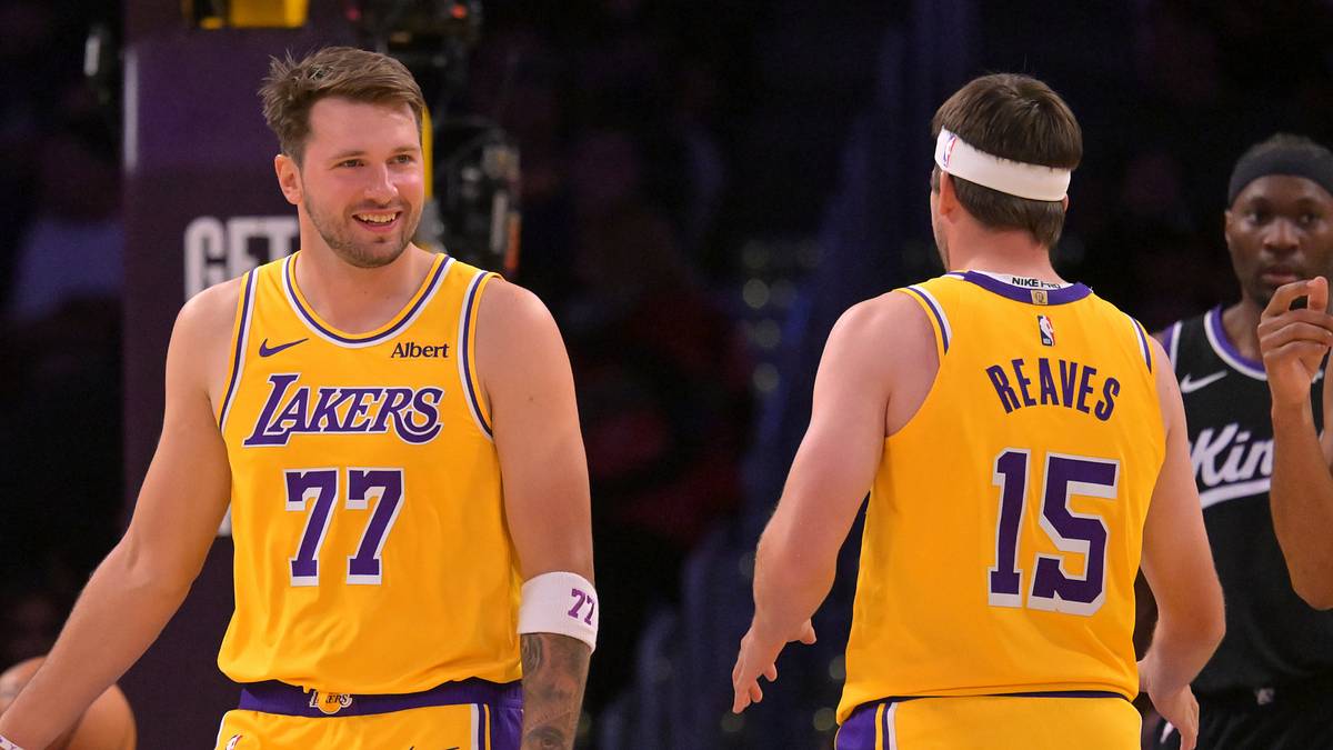 Luka Doncic and Austin Reaves in Lakers uniforms during an October 2026 preseason game