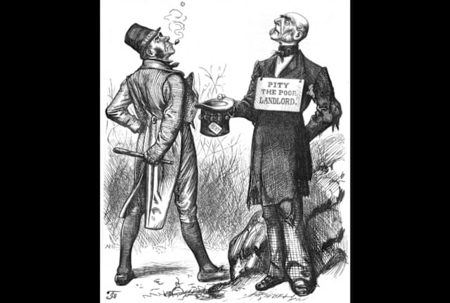 A cartoon depicting Irish rent boycotts from December 1880.