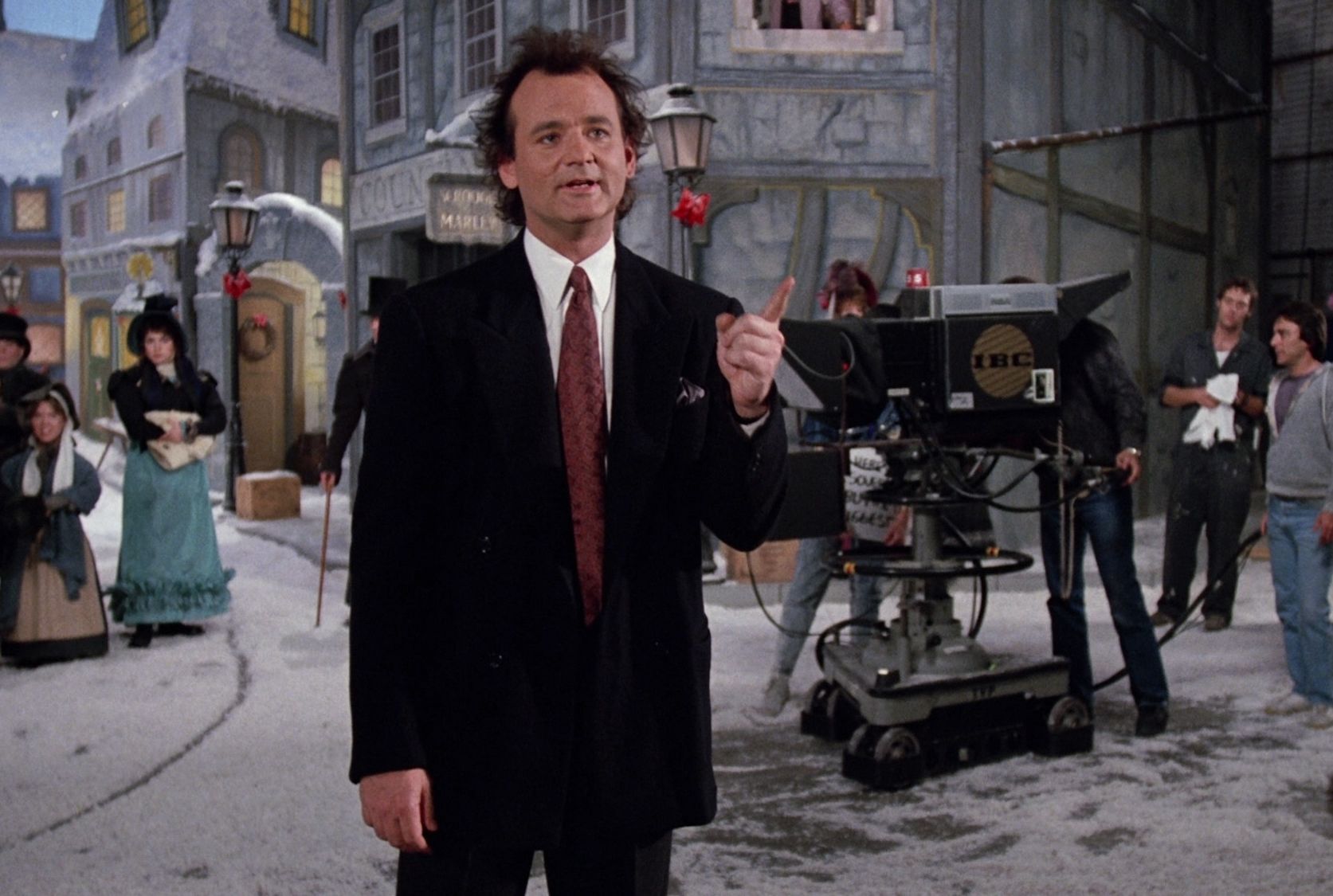Still from Scrooged, showing Frank Cross on the set of the in-universe A Christmas Carol adaptation