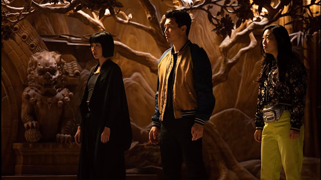 Meng'er Zhang, Simu Liu, and Awkwafina in Shang-Chi and the Legend of the Ten Rings (2021).