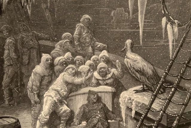 The albatross visits the Mariner and his crew in Samuel Taylor Coleridge's "The Rime of the Ancient Mariner," as illustrated in 1876 by Gustave Doré.